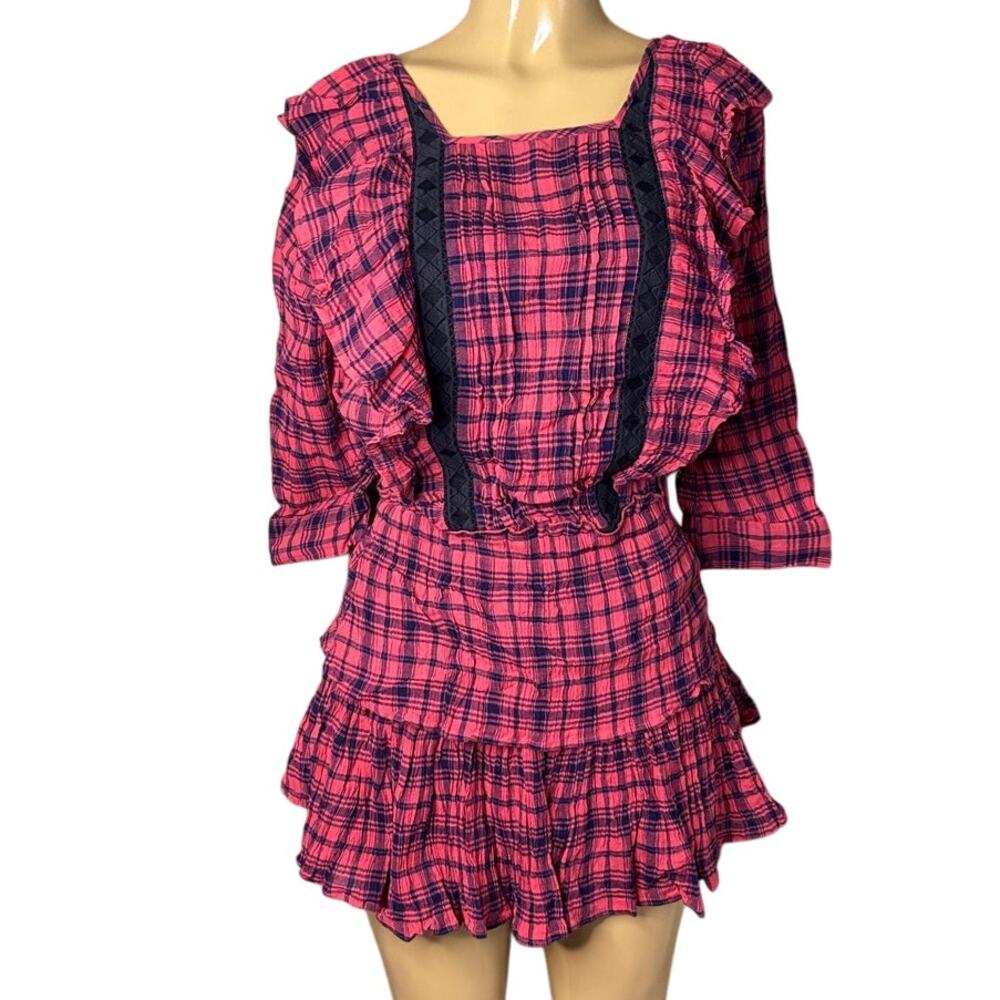 Kas New York Dress Red Plaid Black Lace Tiered Ruffle Size Medium